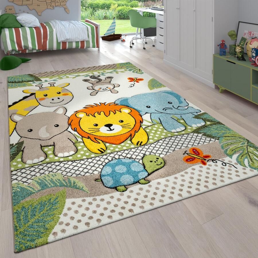 Paco Home Kinderkamer kindertapijt voor jongens met dieren en jungle motieven laagpolig 133 cm Quadrat