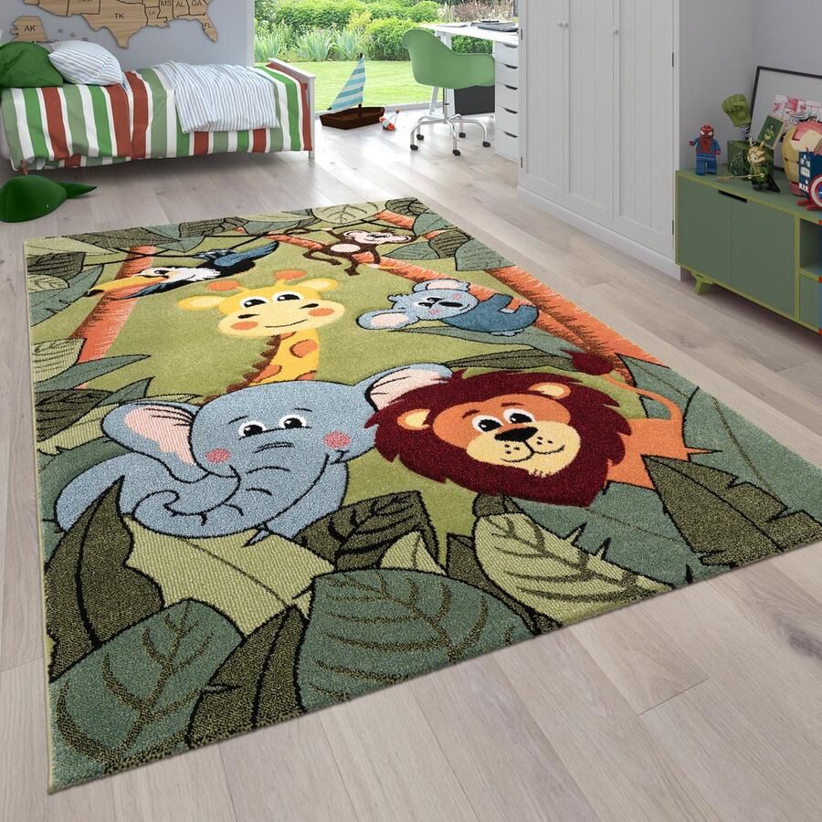Paco Home Kinderkamer kindertapijt voor jongens met dieren en jungle motieven laagpolig 150 cm Quadrat