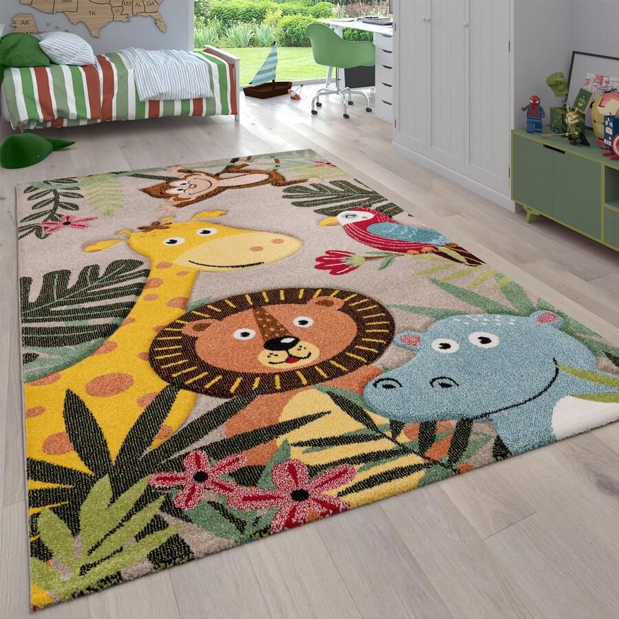 Paco Home Kinderkamer kindertapijt voor jongens met dieren en jungle motieven laagpolig 80x150 cm