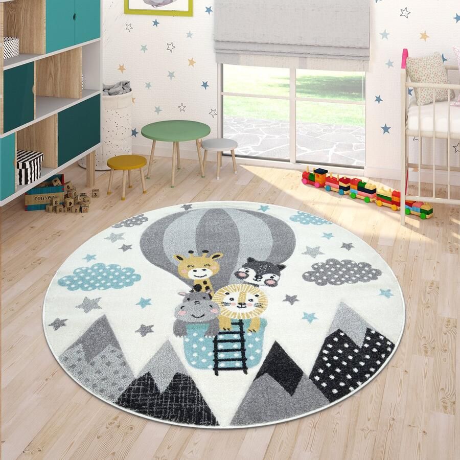 Paco Home Kinderkamer Vloerkleed Blauw Grijs Heteluchtballon Wolken Dieren 3D-Design Pastel Ø 160 cm Rund - Foto 2