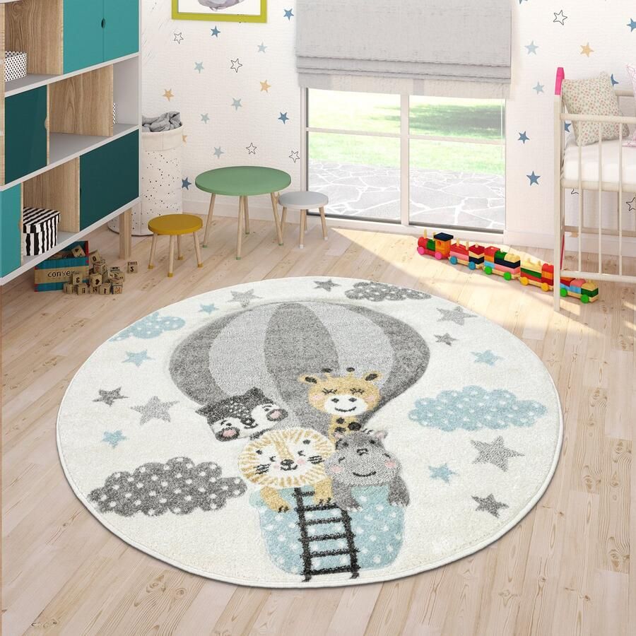 Paco Home Kinderkamer Vloerkleed Blauw Grijs Heteluchtballon Wolken Dieren 3D-Design Pastel Ø 120 cm Rund