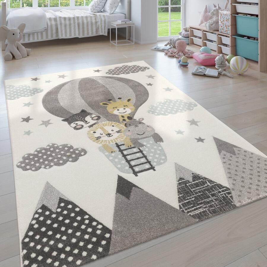 Paco Home Kinderkamer Vloerkleed Blauw Grijs Heteluchtballon Wolken Dieren 3D-Design Pastel 133 cm Quadrat