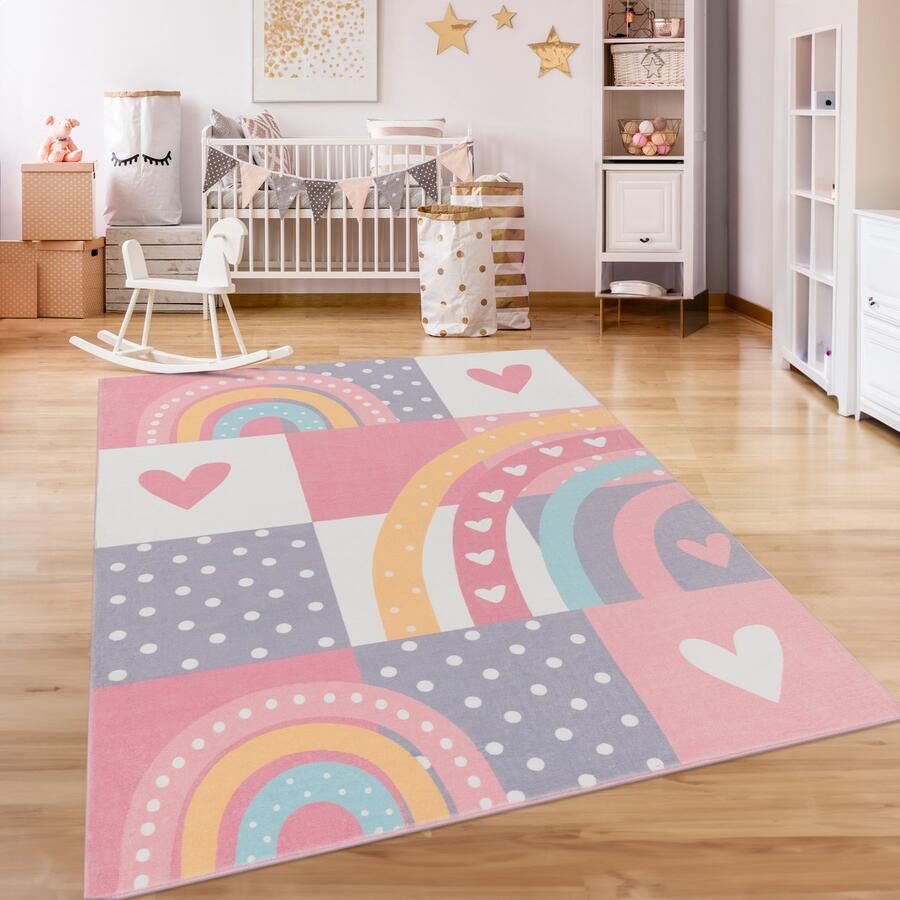 Paco Home Kindertapijt Kinderen Vloerkleed Kinderkamer Antislip Regenboog Hart Stippen 140x200 cm