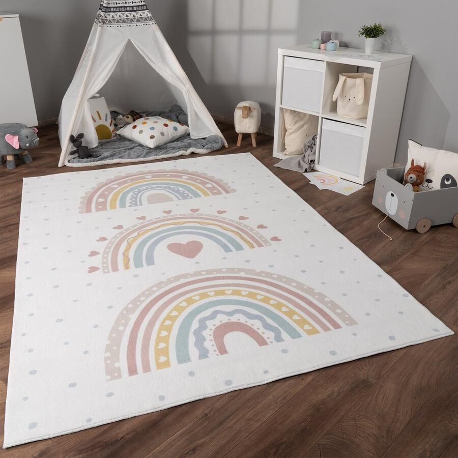 Paco Home Kindertapijt Kinderen Vloerkleed Kinderkamer Antislip Regenboog Hart Stippen 140x200 cm