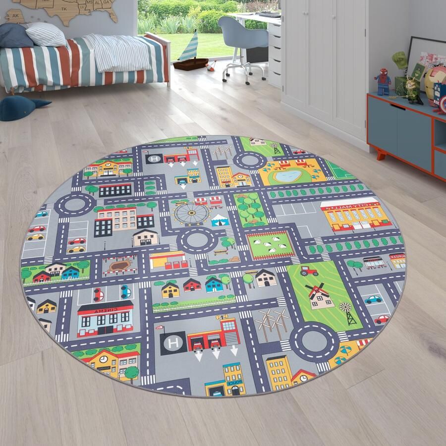 Paco Home Kindertapijt Kinderkamer Grijs Kinderkleed Speelkleed Straten Meisjes Jongens 200 cm Rund