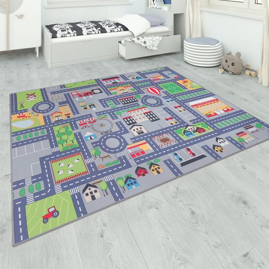Paco Home Kindertapijt Kinderkamer Grijs Kinderkleed Speelkleed Straten Meisjes Jongens 200x290 cm