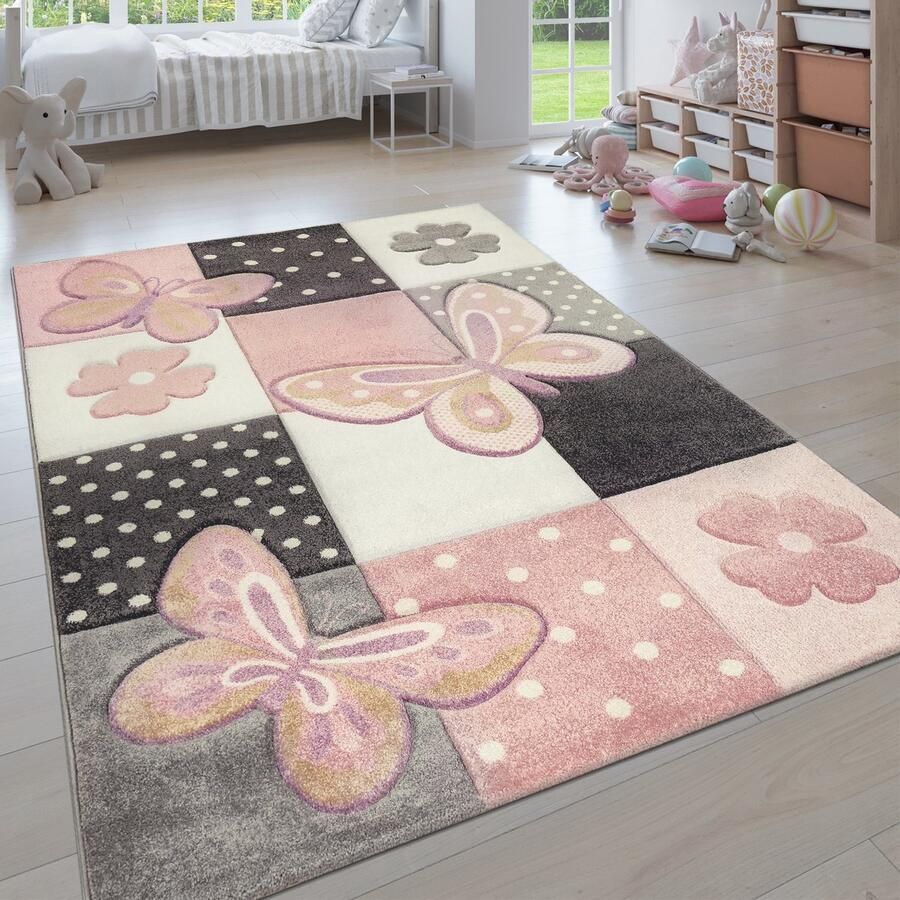 Paco Home Kindervloerkleed Kinderkamer Meerkleurig Roze Vlinders Ruitpatroon Stippen Bloemen 240x340 cm
