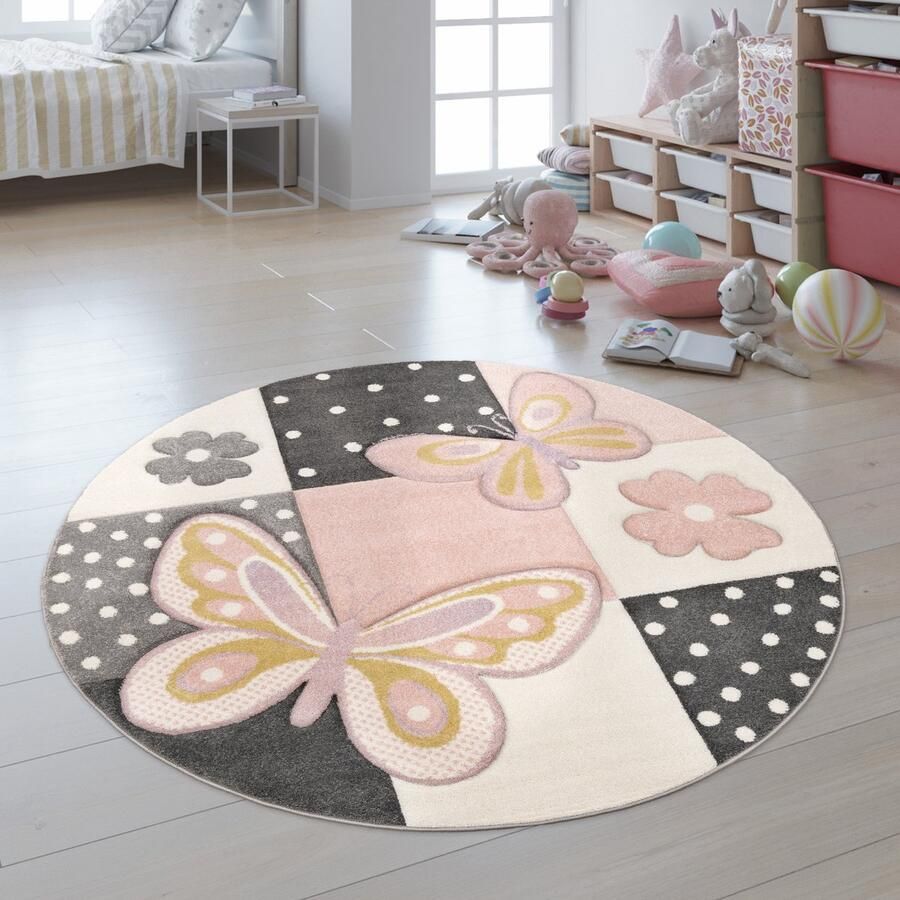 Paco Home Kindervloerkleed Kinderkamer Meerkleurig Roze Vlinders Ruitpatroon Stippen Bloemen Ø 200 cm Rund - Foto 2