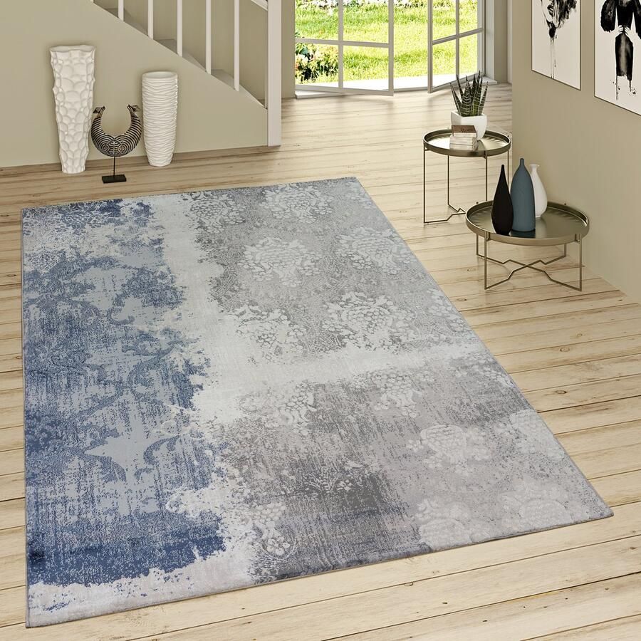 Paco Home Laagpolig Vloerkleed Denimlook Met Rokoko-Patroon Jeansblauw Modern Gemêleerd Grijs 120x170 cm - Foto 1
