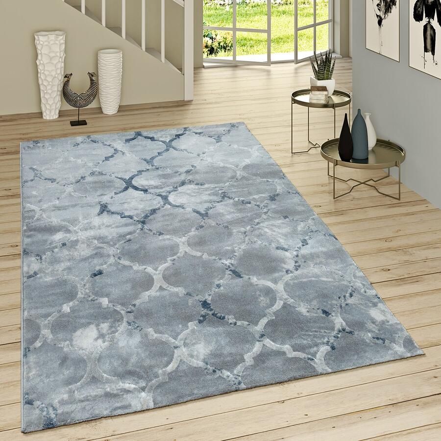 Paco Home Laagpolig Vloerkleed Modern Marokkaans Patroon Vintagestijl Ombre-Look Grijs Blauw 80x150 cm