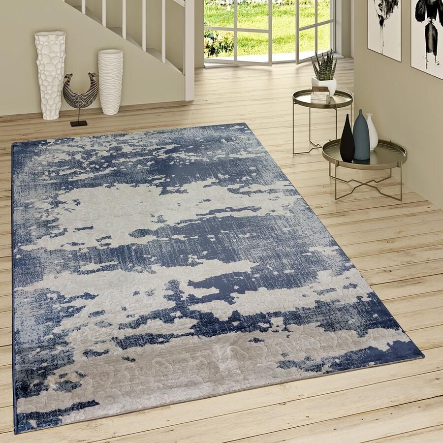 Paco Home Laagpolig Vloerkleed Used-Look Decoratief Patroon Jeansblauw Modern In Grijs Blauw 60x100 cm