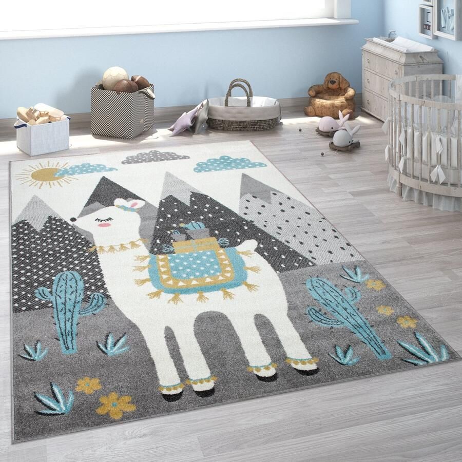 Paco Home Laagpolig vloerkleed voor de kinderkamer lama bergen kindermotief meerkleurig grijs 240x340 cm