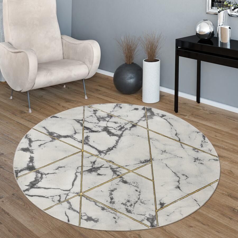 Paco Home Laagpolige Vloerkleden Grijs Goud Zacht Woonkamer Marmer-Look Versch. Designs 120 cm Rund