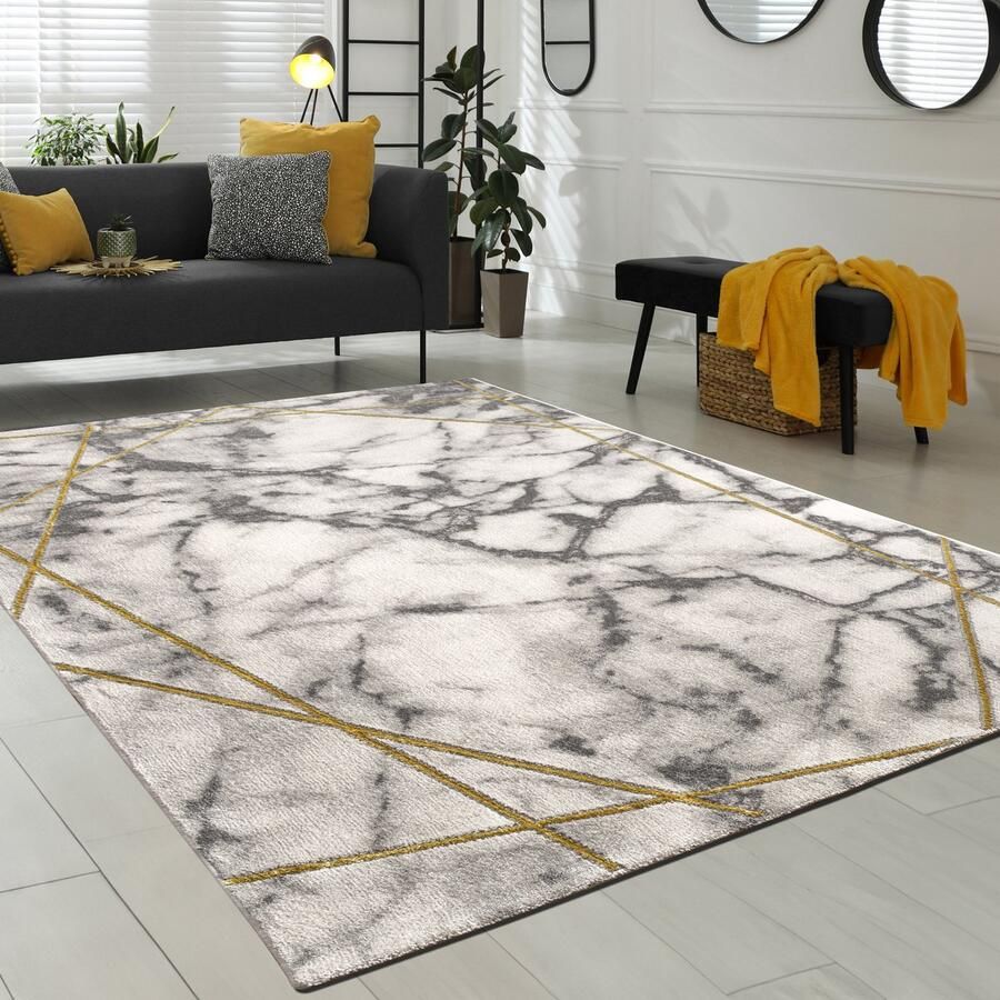 Paco Home Laagpolige Vloerkleden Grijs Goud Zacht Woonkamer Marmer-Look Versch. Designs 160x230 cm