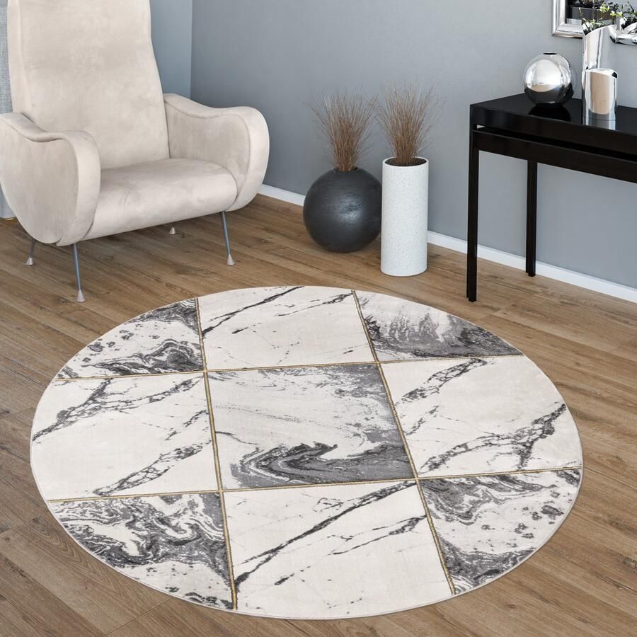 Paco Home Laagpolige Vloerkleden Grijs Goud Zacht Woonkamer Marmer-Look Versch. Designs 160 cm Rund