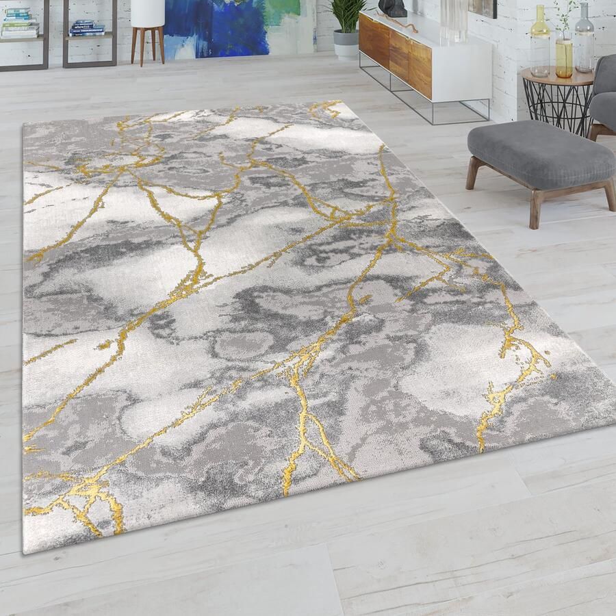 Paco Home Laagpolige Vloerkleden Grijs Goud Zacht Woonkamer Marmer-Look Versch. Designs 200x290 cm