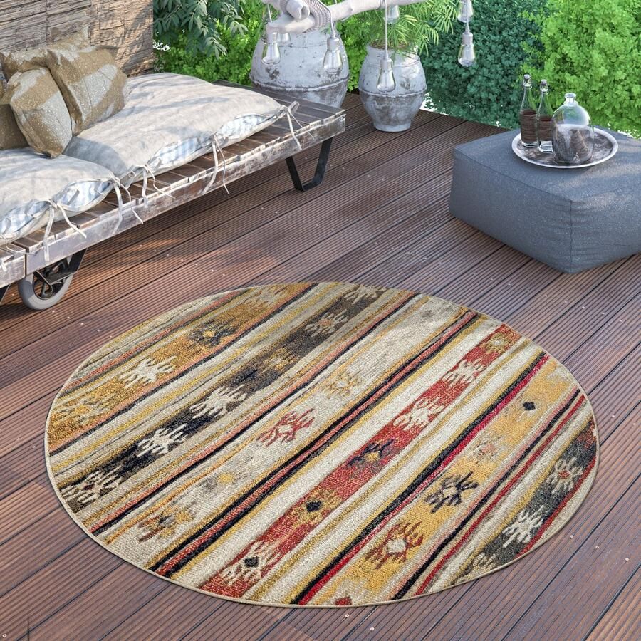 Paco Home Outdoor Vloerkleed Rond Weerbestendig Balkon Terras Keuken Vintage Pastel 200 cm Rund