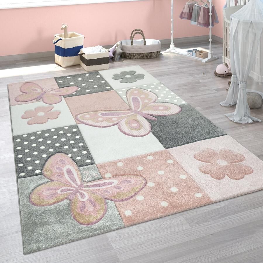 Paco Home Kindervloerkleed Kinderkamer Meerkleurig Roze Vlinders Ruitpatroon Stippen Bloemen 133 cm Quadrat - Foto 2