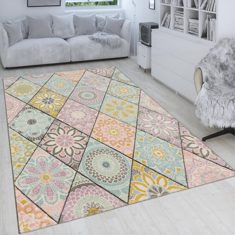 Paco Home Retro Vloerkleed Meerkleurig Woonkamer Ruitpatroon Boho-Stijl Bloemen 3D-Design 120x170 cm