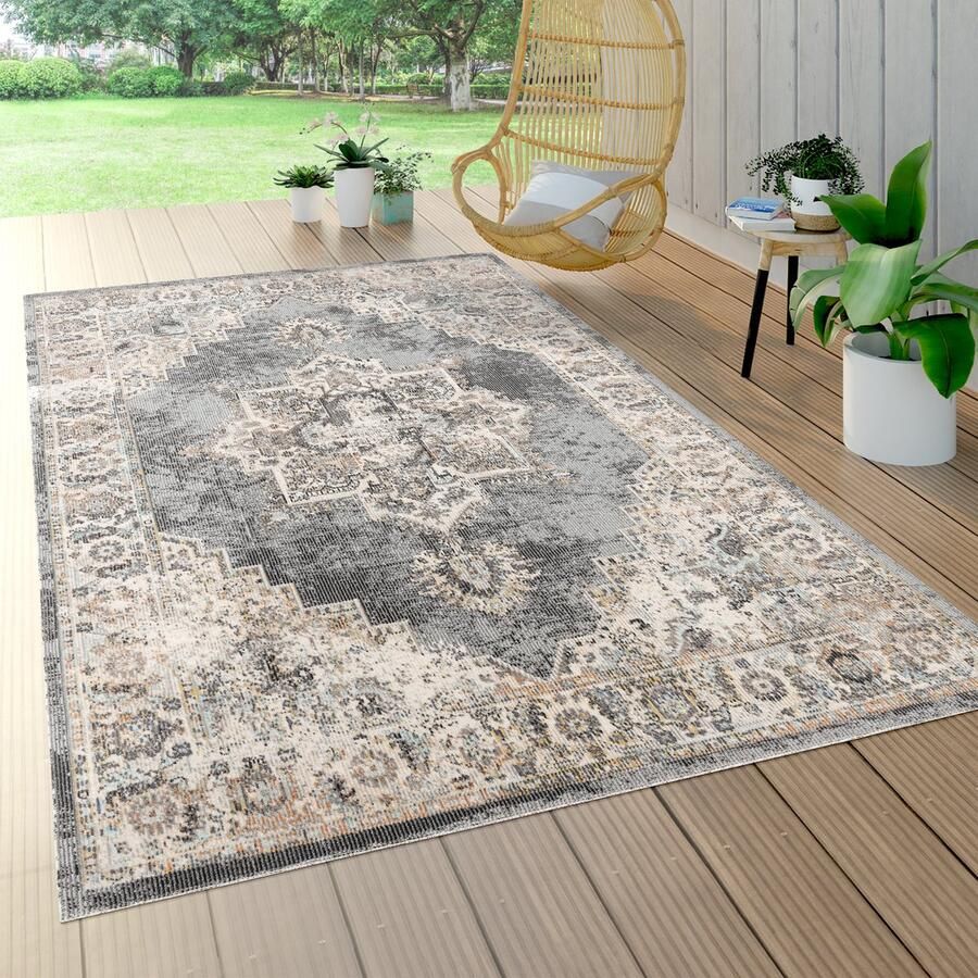 Paco Home Tapijt Voor Binnen En Buiten Balkon Marokkaans Patroon Ornamenten Mandala Grijs 60x100 cm