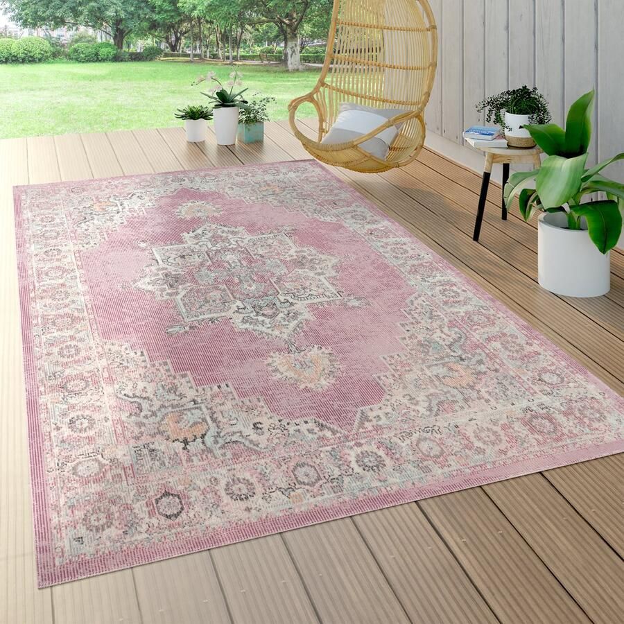 Paco Home Tapijt Voor Binnen En Buiten Balkon Marokkaans Patroon Ornamenten Mandala Roze 60x100 cm