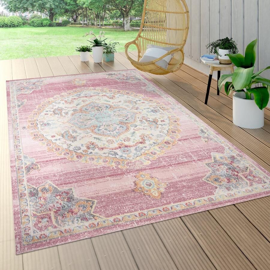 Paco Home Tapijt Voor Binnen En Buiten Balkon Terras Keuken Oosters Randen Roze Blauw 140x200 cm