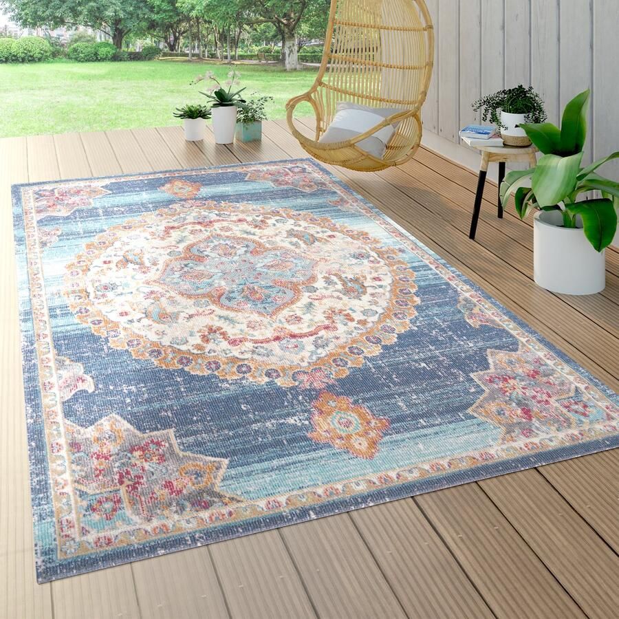 Paco Home Tapijt Voor Binnen En Buiten Terras Keuken Oosters Patroon Randen Blauw Beige 200x280 cm