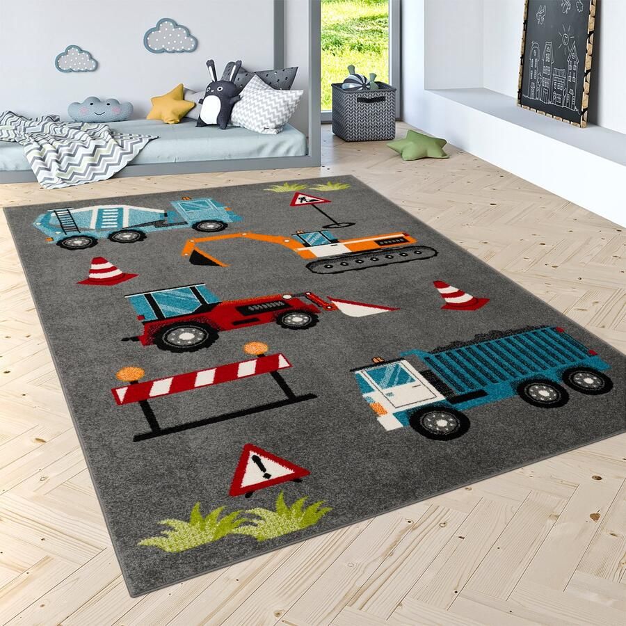 Paco Home Tapijt Voor Kinderen Vloerkleed Kinderkamer Modern Autos Zacht Grijs Rood Blauw 200x280 cm