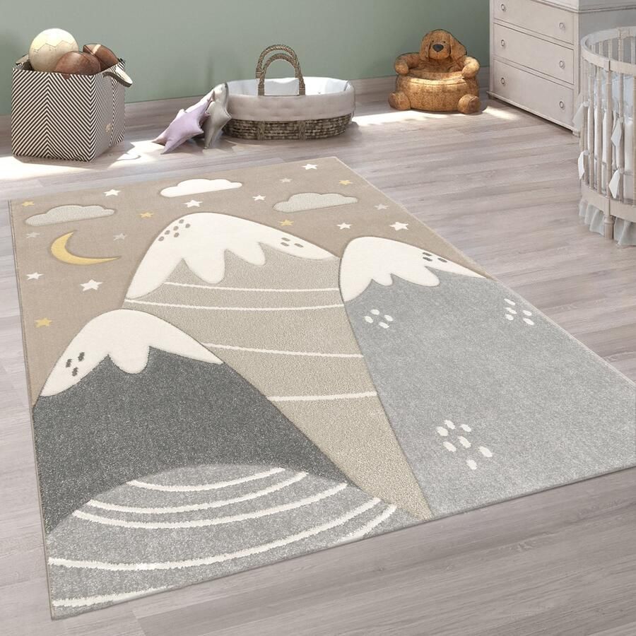 Paco Home Tapijt Voor Kinderen Vloerkleed Kinderkamer Pastel 3D Bergen Modern 80x150 cm