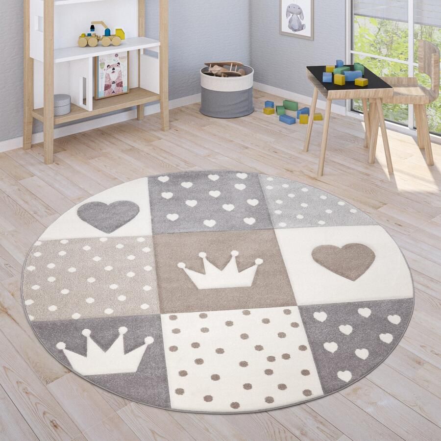 Paco Home Vloerkleed Kinderkamer Stippen Harten Sterren Pastel Versch. Kleuren En Afmetingen 160 cm Rund