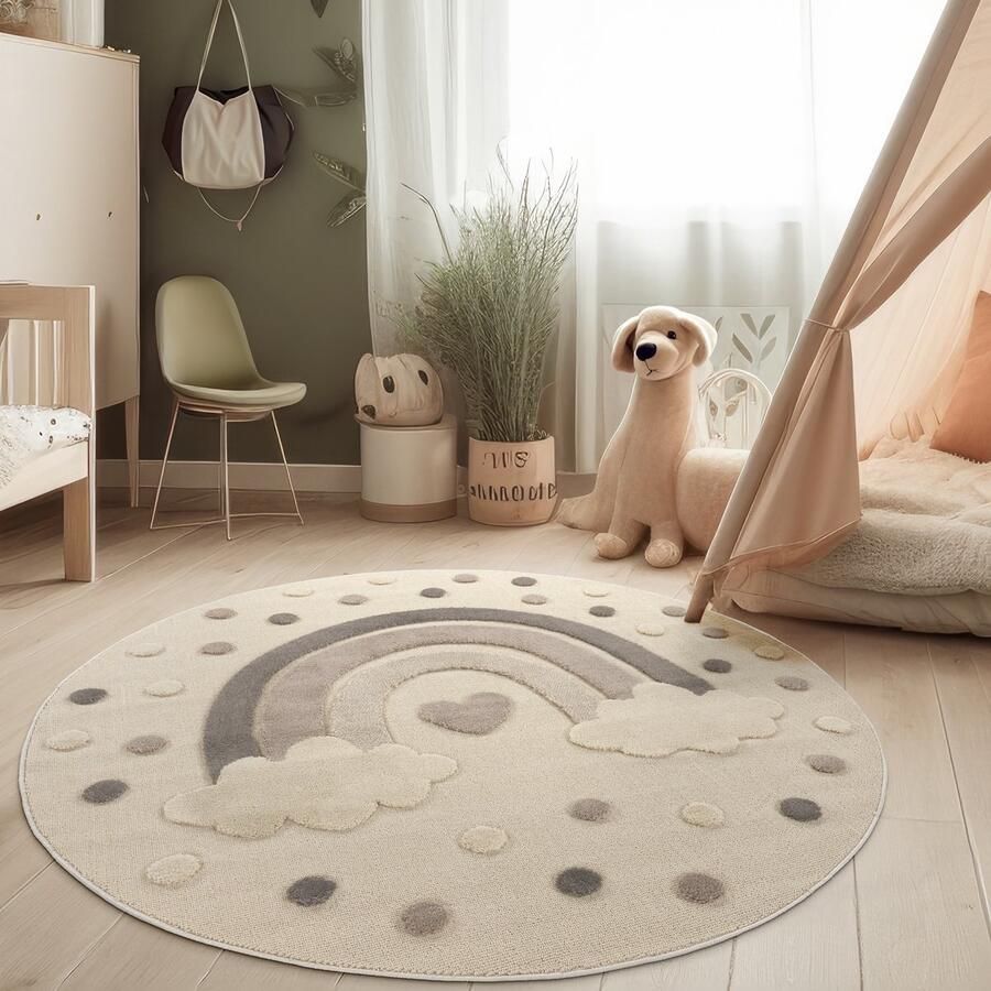Paco Home Tapijt Voor Kinderen Vloerkleed Kinderkamer Rond Zon Zacht 3D Modern 160 cm Rund