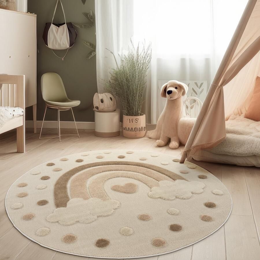 Paco Home Tapijt Voor Kinderen Vloerkleed Kinderkamer Rond Zon Zacht 3D Modern 160 cm Rund