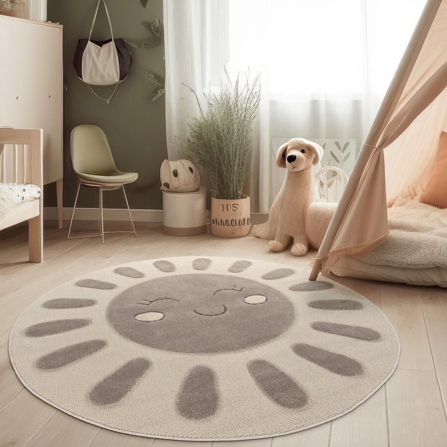 Paco Home Tapijt Voor Kinderen Vloerkleed Kinderkamer Rond Zon Zacht 3D Modern 160 cm Rund