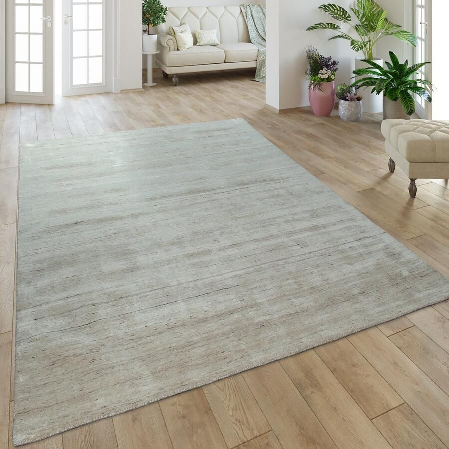Paco Home Vloerkleed Handgemaakt Hoogwaardig Katoen Viscose Elegant Gemêleerd In Effen Beige 80x150 cm