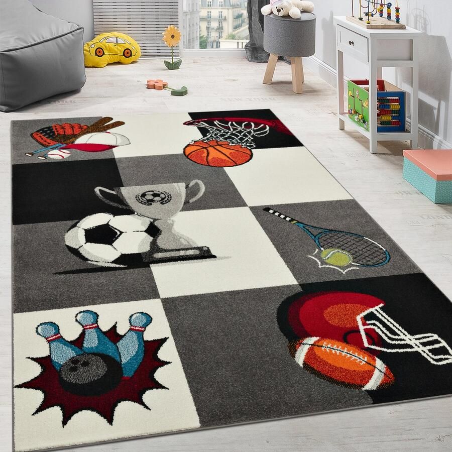 Paco Home Vloerkleed Kinderkamer Beker Basketbal Voetbal Kinderen Vloerkleed Tennis Ruitpatroon Grijs Crème 160x220 cm