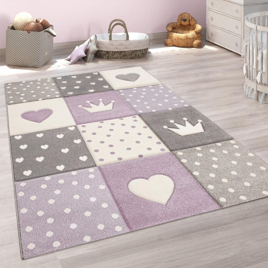 Paco Home Vloerkleed Kinderkamer Geruit Punten Harten Sterren In Pastellila Grijs 133 cm Quadrat