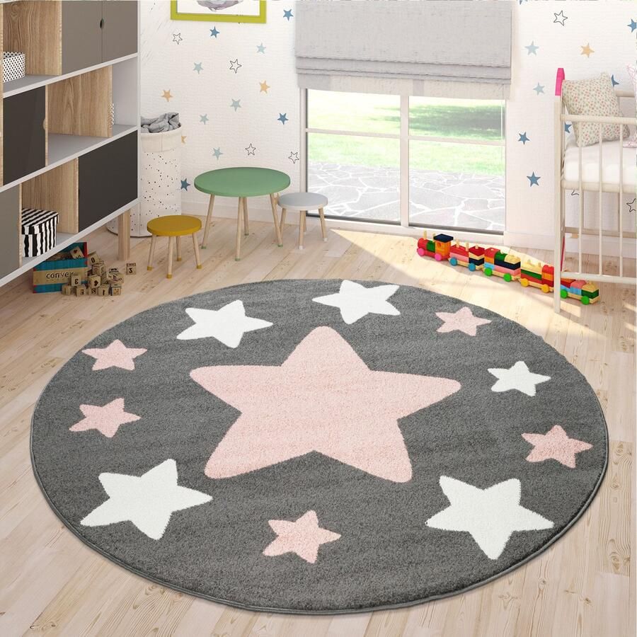 Paco Home Vloerkleed Kinderkamer Kindervloerkleed Grote En Kleine Sterren In Grijs Roze Ø 120 cm Rund