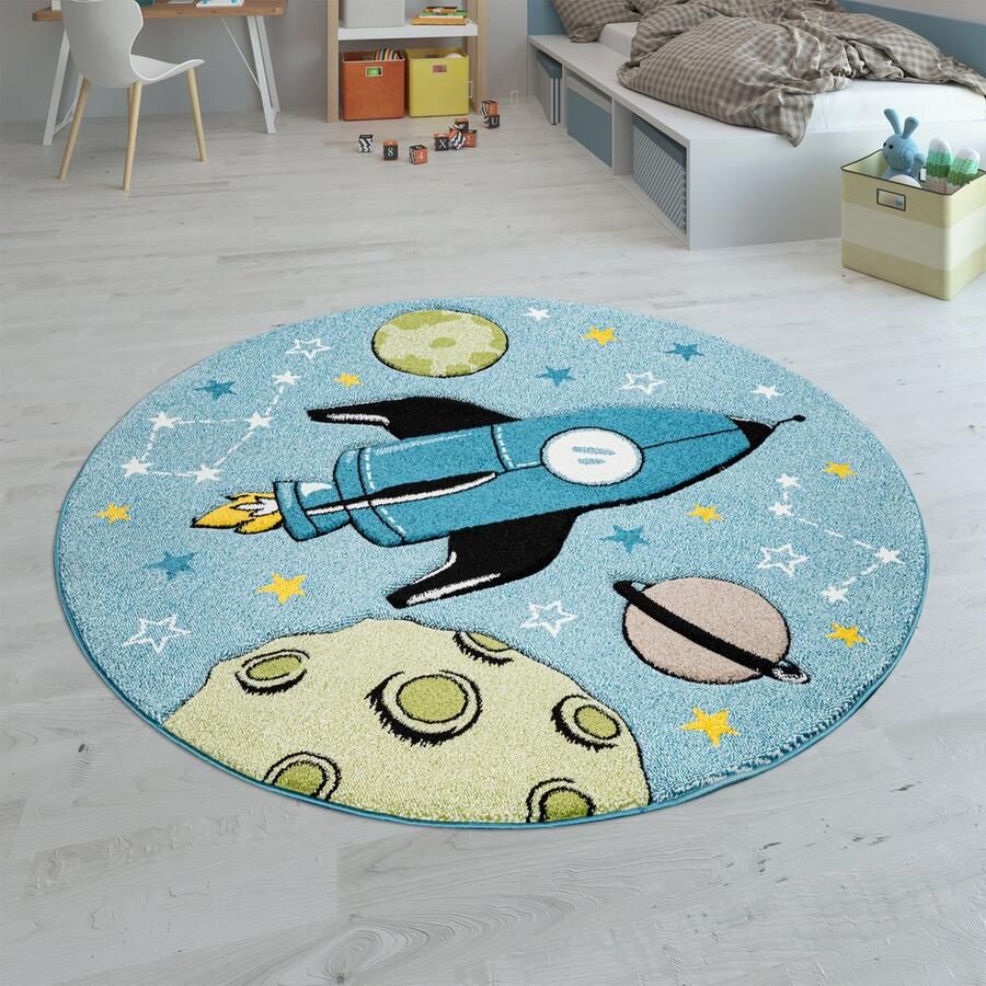 Paco Home Vloerkleed Kinderkamer Kindervloerkleed Rond Jongens Meisjes Modern Heelal 200 cm Rund