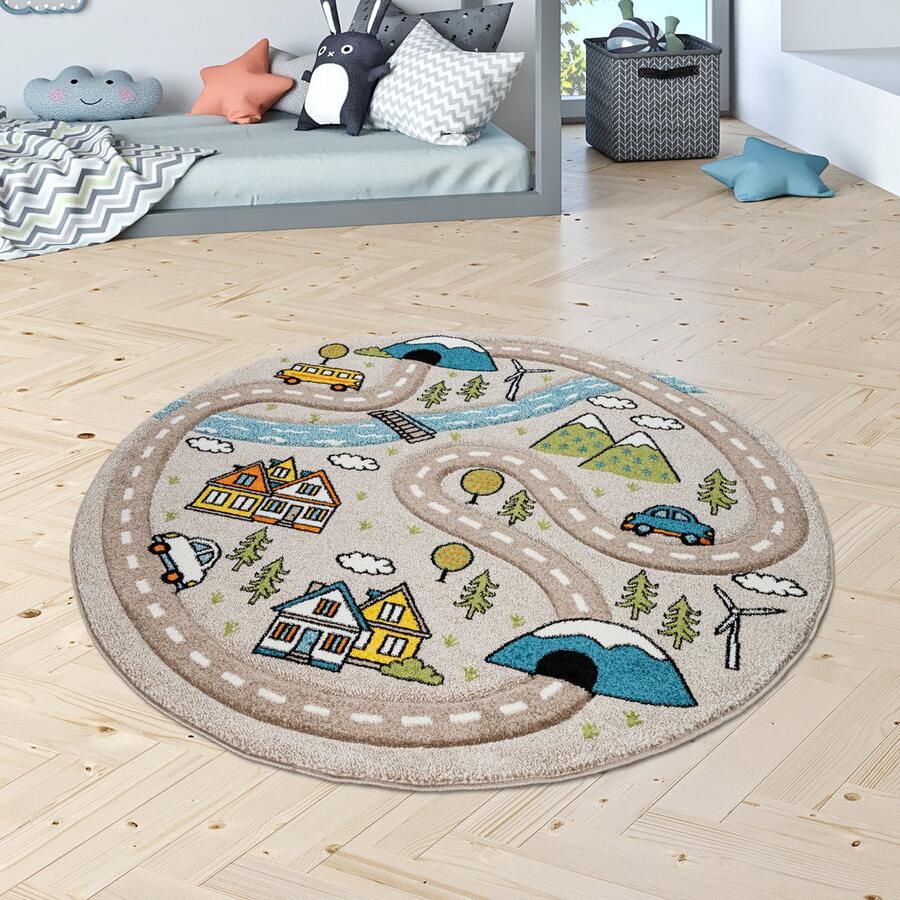 Paco Home Vloerkleed Kinderkamer Kindervloerkleed Rond Laagpolig Straten Modern Pastel 200 cm Rund