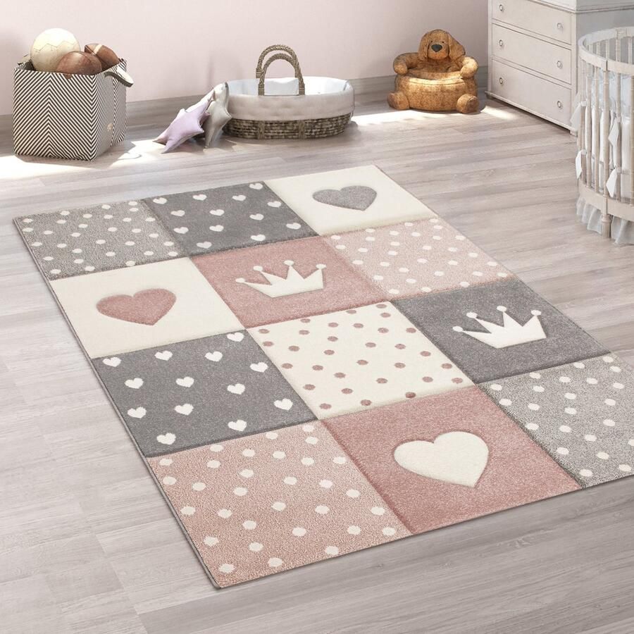 Paco Home Vloerkleed Kinderkamer Pastelkleuren Geruit Punten Harten Sterren Wit Grijs Roze 240x340 cm