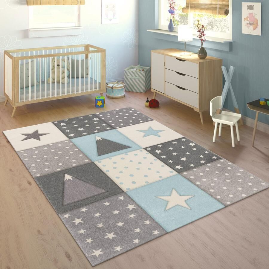 Paco Home Vloerkleed Kinderkamer Pastelkleuren Geruit Punten Maan Sterren Wit Grijs Blauw Ø 160 cm Rund
