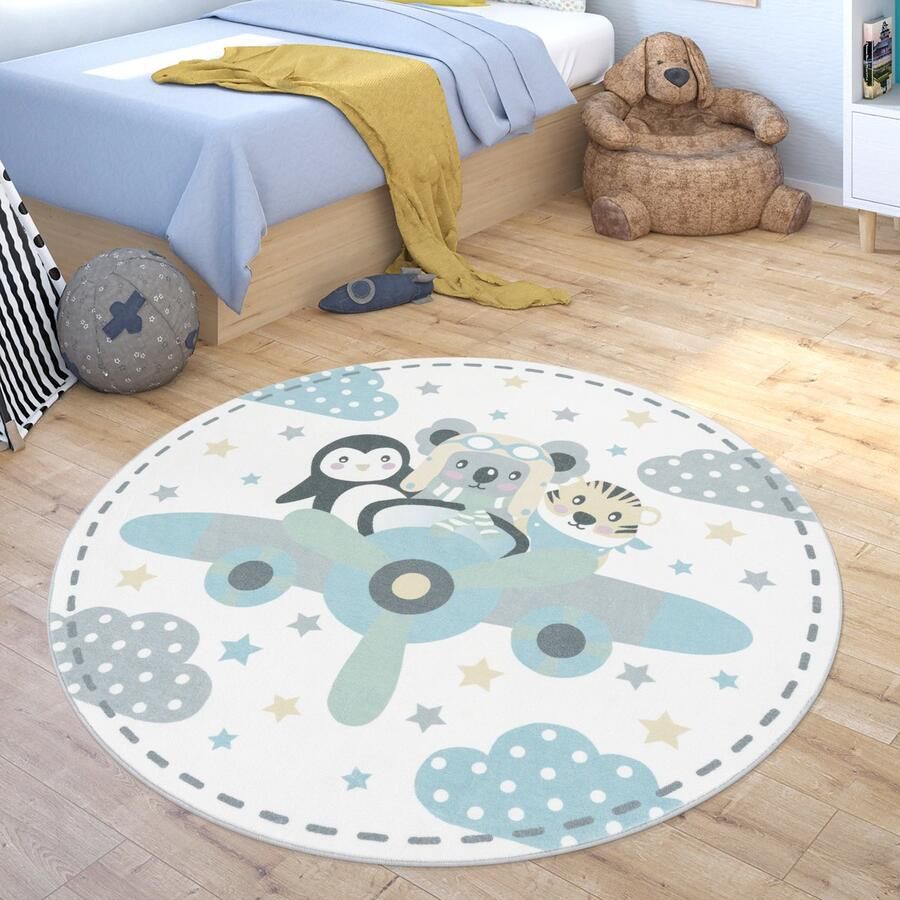 Paco Home Vloerkleed Kinderkamer Rond Tapijt Kinderkamer Vliegtuig Dieren Tijger Koala Beer Pinguïn 200 cm Rund