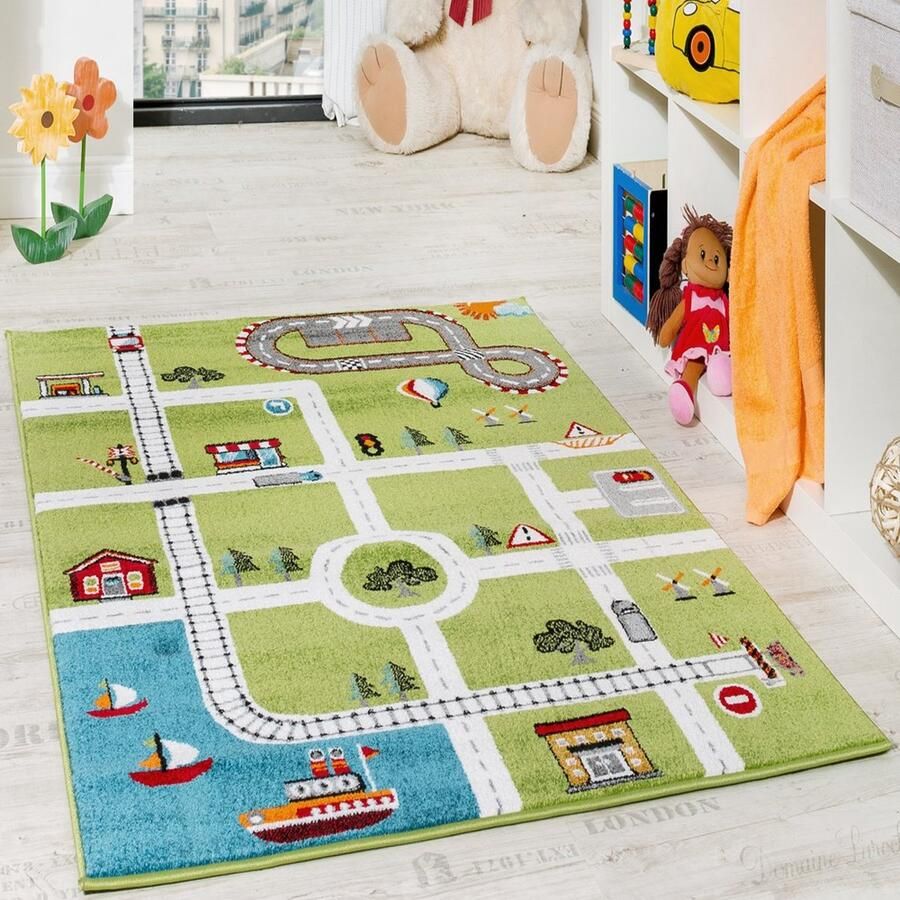 Paco Home Vloerkleed Kinderkamer Speelvloerkleed City Haven Straatvloerkleed Stad Straat Grijs Groen 80x150 cm