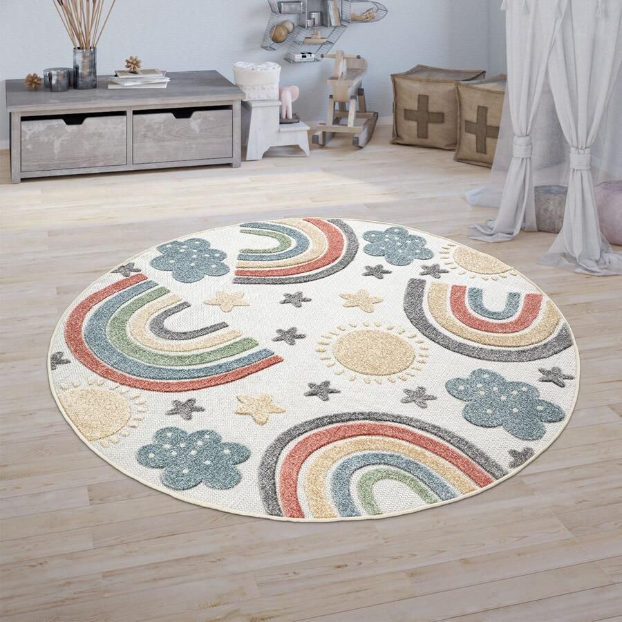 Paco Home Vloerkleed Kinderkamer Speelvloerkleed Jongens Meisjes 3D Regenboog Motief Beige Ø 160 cm Rund