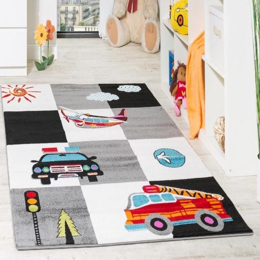 Paco Home Vloerkleed Kinderkamer Speelvloerkleed Politie Brandweer Vliegtuig Ruitpatroon Crème Grijs Zwart 160x220 cm