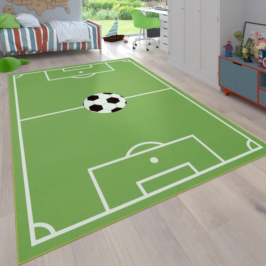 Paco Home Vloerkleed Kinderkamer Speelvloerkleed Voor Kinderkamers Met Voetbaldesign In Groen 200 cm Quadrat