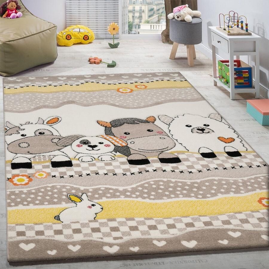 Paco Home Vloerkleed voor de kinderkamer Diamond 639 Korte pool 3D-design motief boerderij-dieren kinderkamer - Foto 1