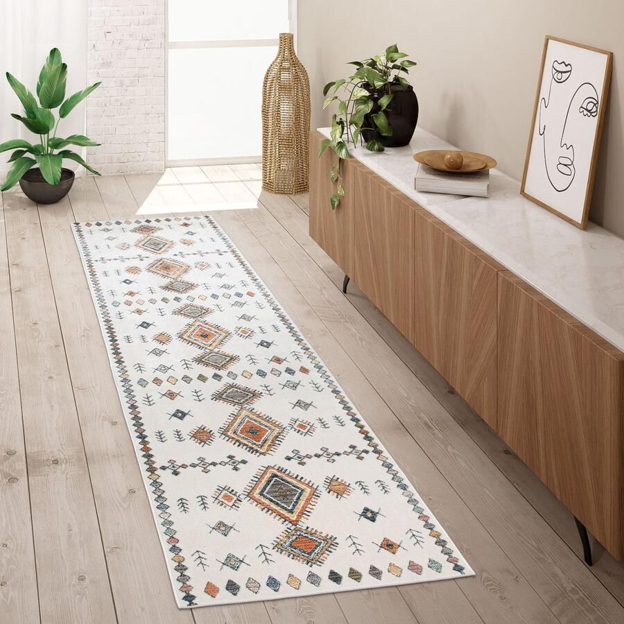 Paco Home Vloerkleed Loper Gang Slaapkamer Laagpolig Modern Pastel Boho Scandi Ruitpatroon 60x100 cm