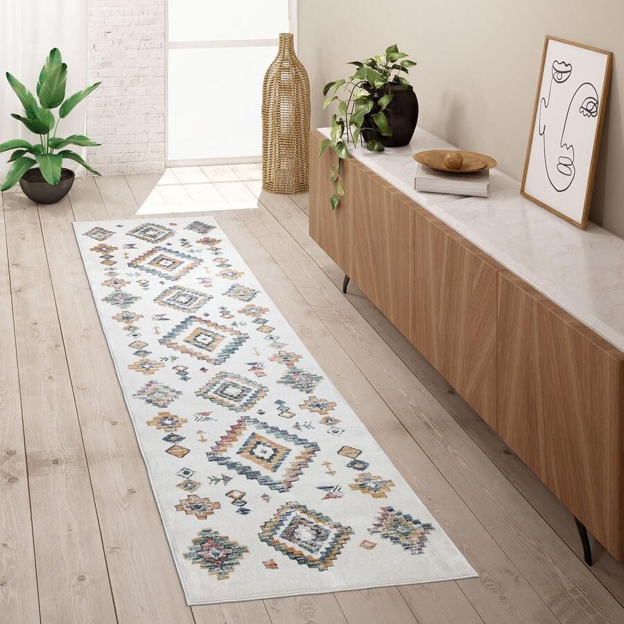 Paco Home Vloerkleed Loper Gang Slaapkamer Laagpolig Modern Pastel Boho Scandi Ruitpatroon 60x100 cm