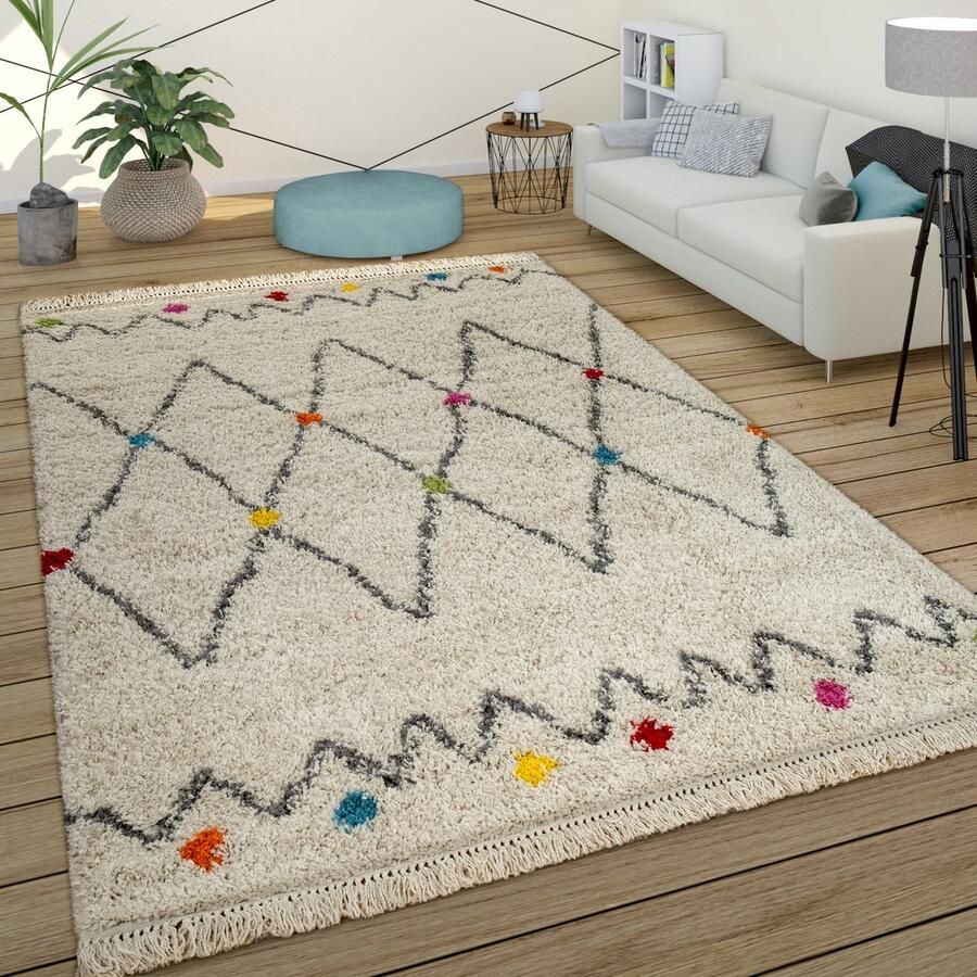 Paco Home Vloerkleed Meerkleurig Beige Shaggy Pluizig Ethno Ontwerp Hoogpolig Stippen Ruitpatroon 80x150 cm